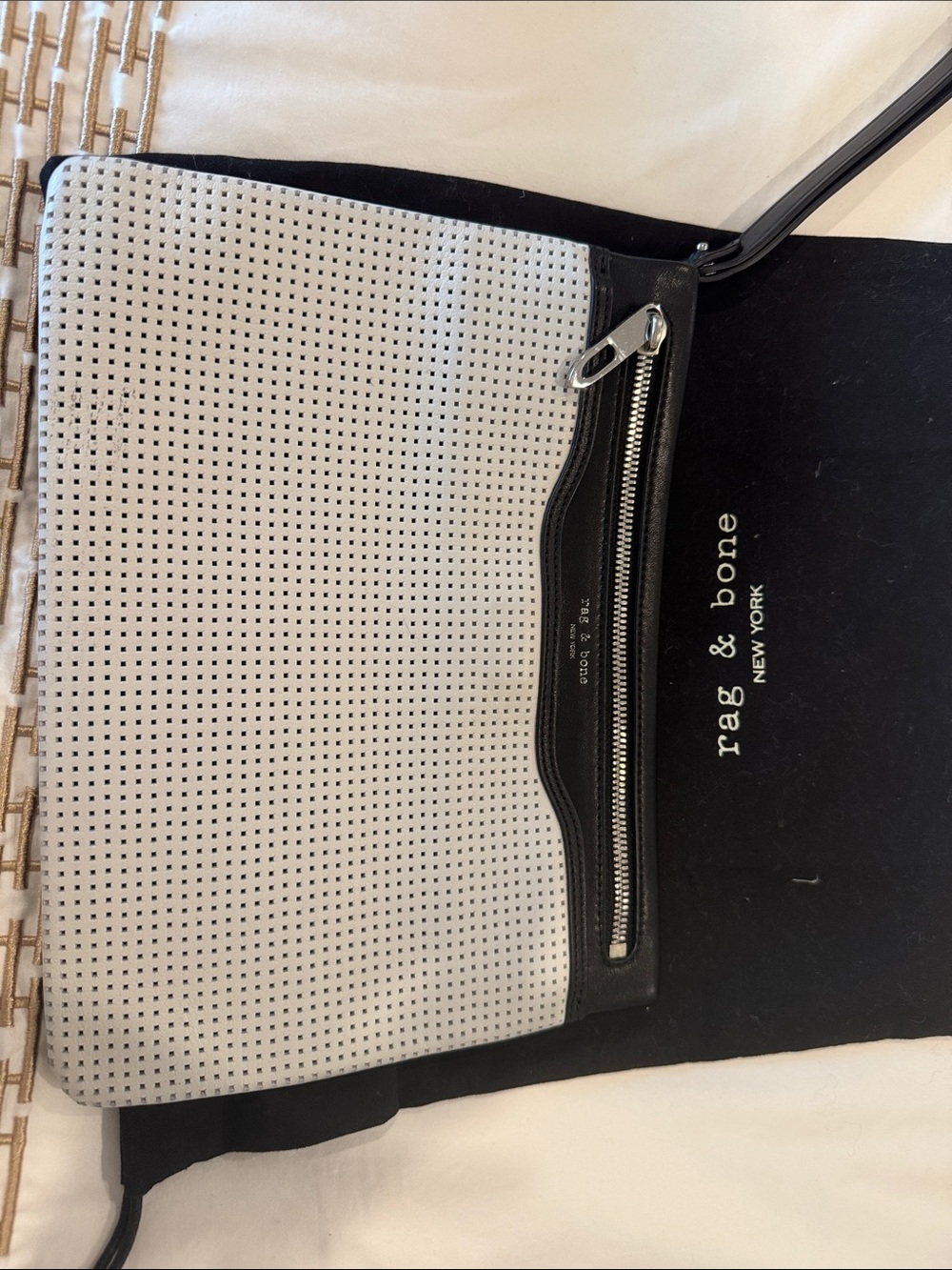 Rag and Bone leather Perforated White and Black Wristlet Pouch
